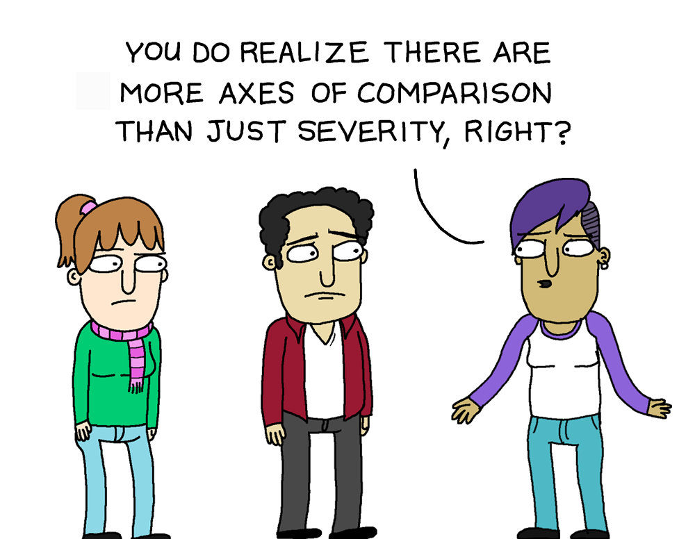 voice now in view - purple shirt narrator: 'You do realize there are more axes of comparison than just severity, right?'