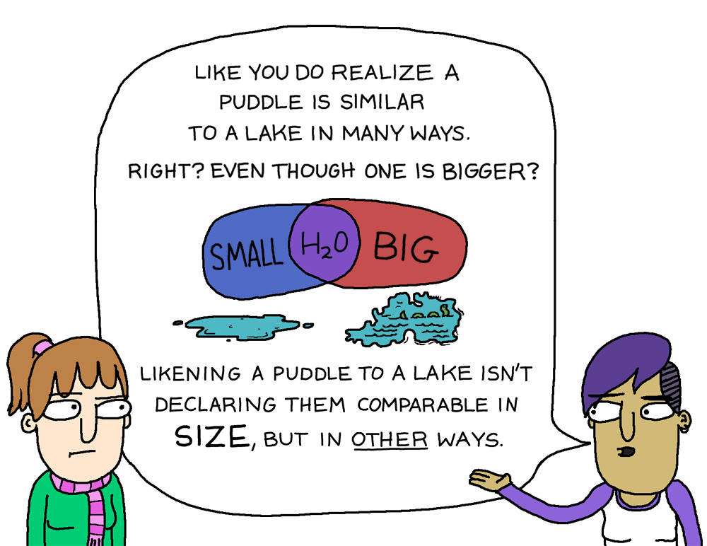 'Like, do you realize a puddle is similar to a lake in some ways right? Even though one is bigger?' - a venn diagram of small and big overlap at h2o over a puddle and lake - 'Likening a puddle to a lake isn't declaring them comparable is SIZE but in other ways'